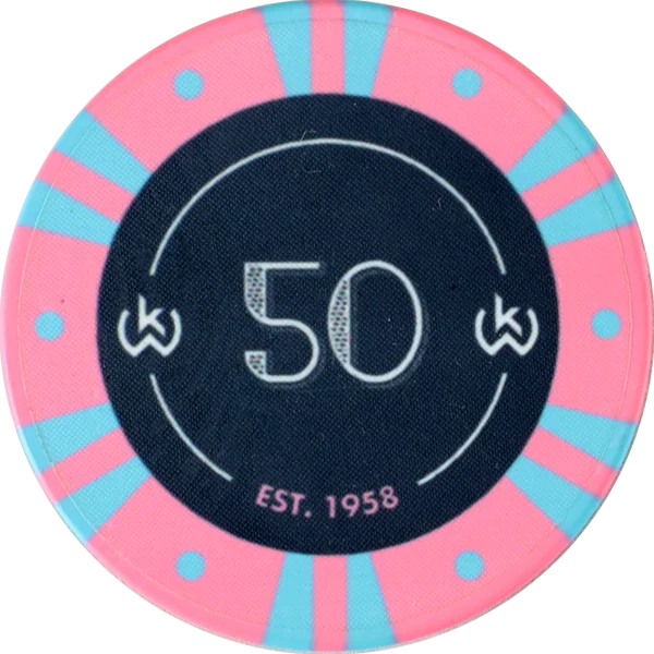 Keramik-Pokerchip in Rosa und Hellblau mit Monogramm WK, Wert 50, Est. 1958